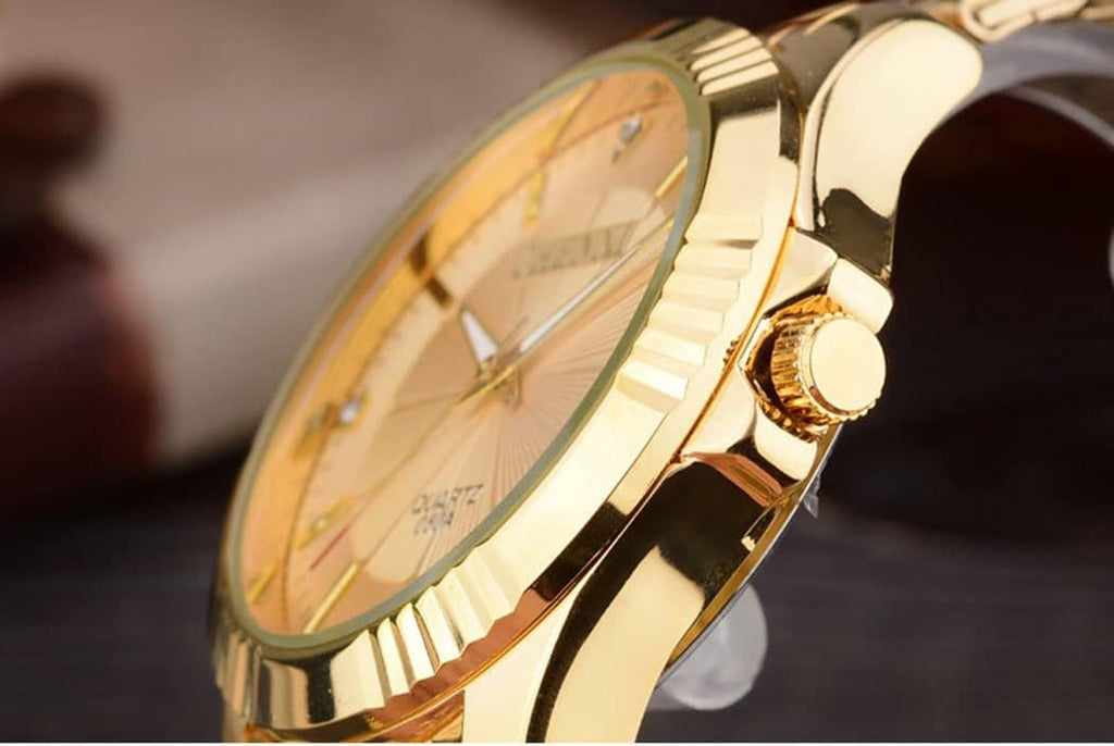 Diamante Dial Fashion Casual Mens Gold Watch Quartz Stainless Steel Water Resistant Wrist Watch