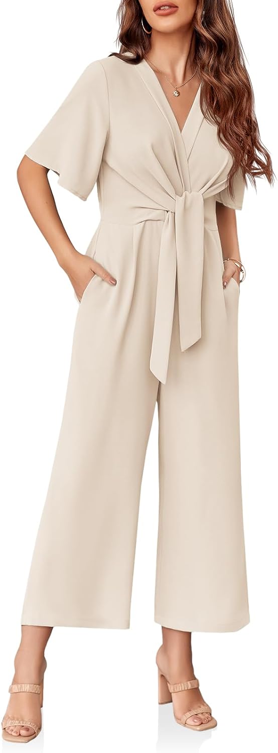 Women's Elegant V Neck Jumpsuits Dressy Casual Short Sleeve Wide Leg Long Pants Rompers