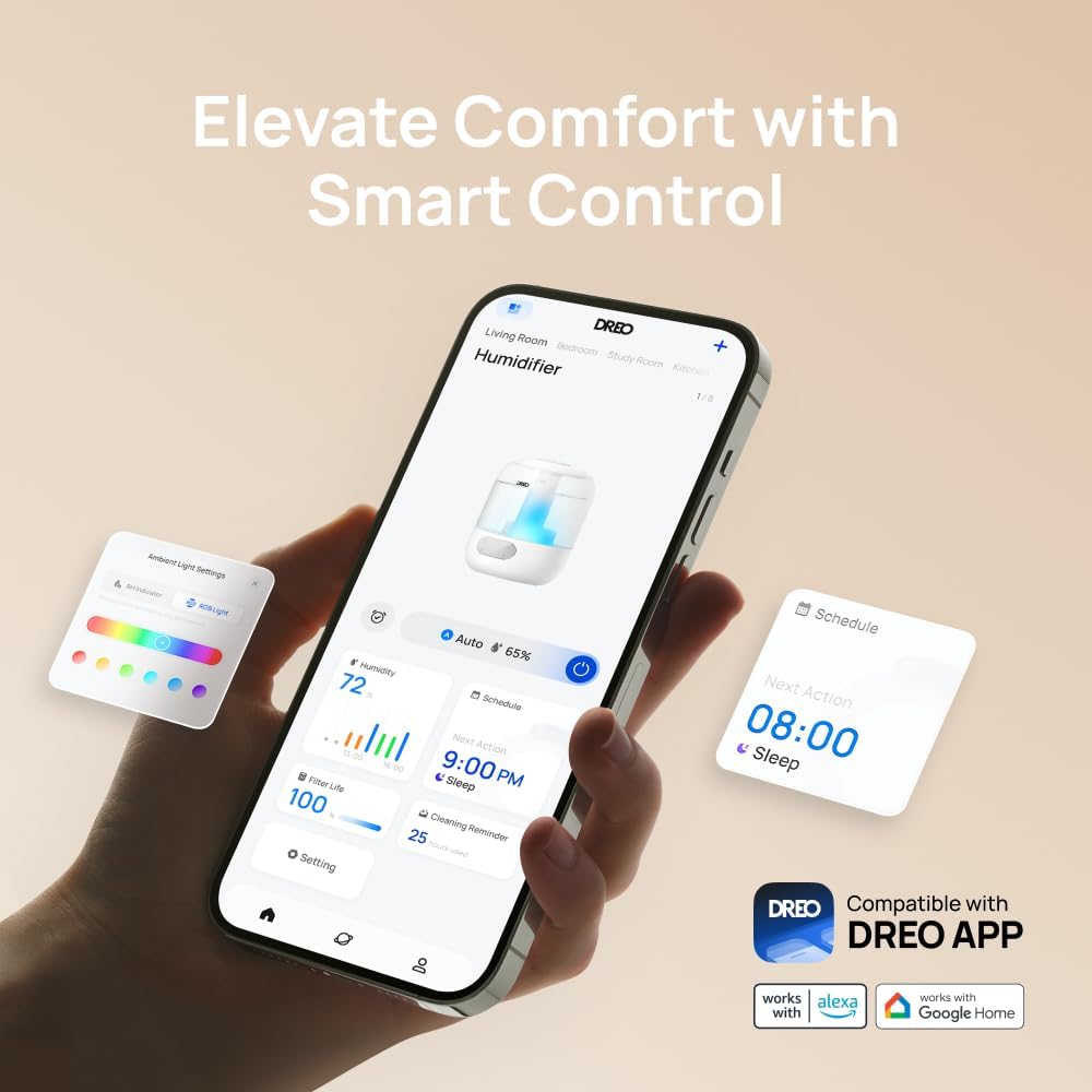 3L Smart Humidifiers for Bedroom, 30H Runtime, 26 dB Quiet, Top Fill | Easy to Clean, Precise Humidity Control, Night