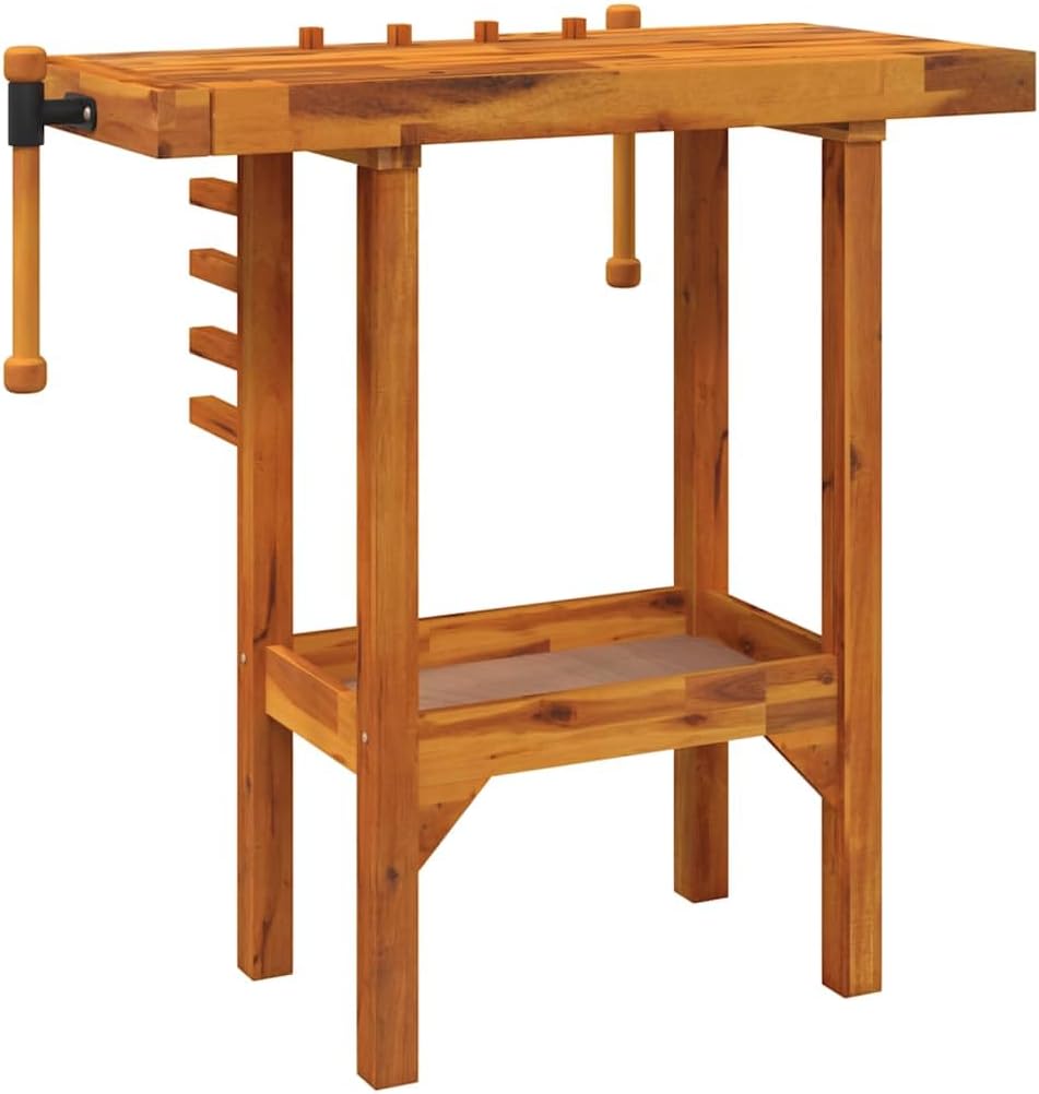 Workbench with Vices, Solid Wood Acacia Garage Work Station, 36.2x18.9x32.7 Inch Heavy Duty Workshop Table with
