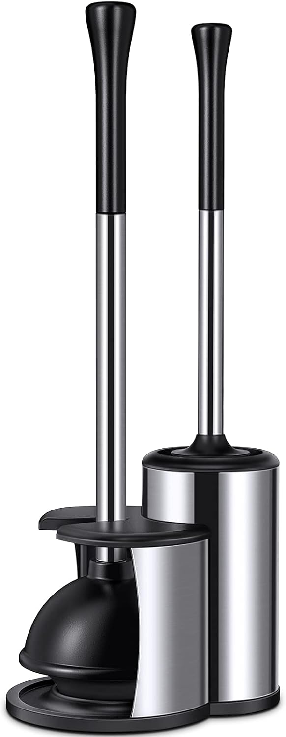 HAMITOR Toilet Plunger Bowl Brush Set: Hideaway Heavy Duty Toilet Plunger Scrubber Cleaner Holder Combo for Bathroom
