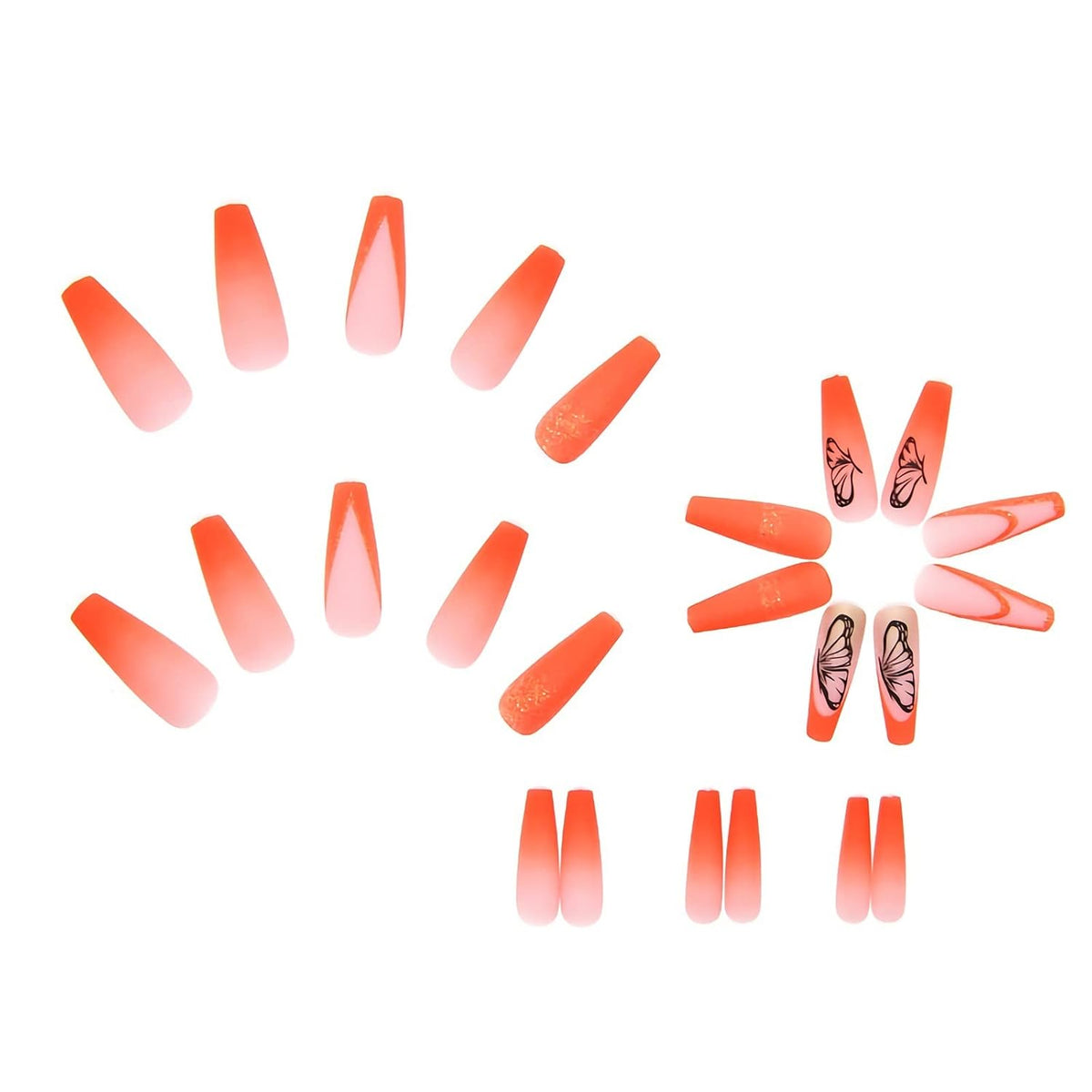Long Coffin Press on Nails - Orange Fake Nails, Butterfly Summer Design Full Cover, Matte Acrylic Glue on Nails 24Pcs
