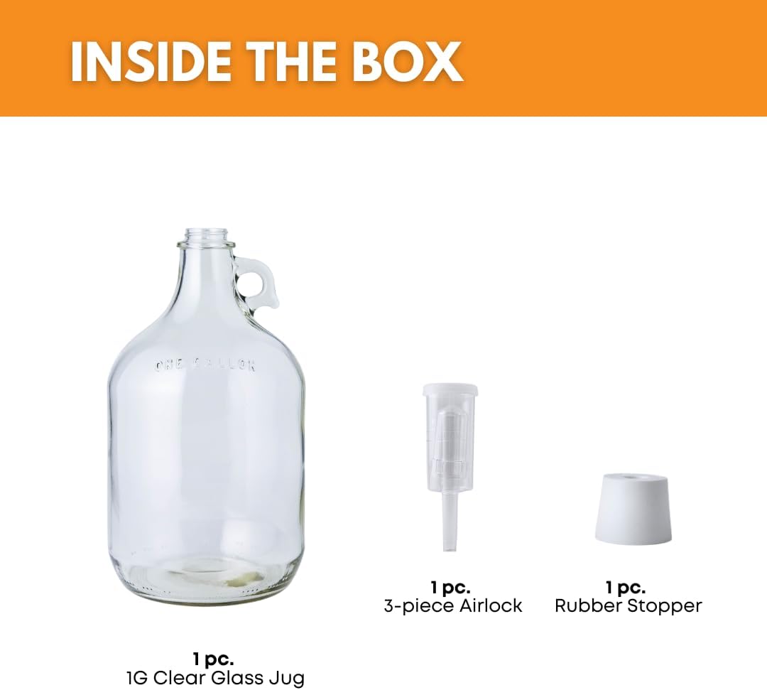 1 Gallon Glass Jug with Airlock with a #6 Rubber Bung and Polyseal Cap | Clear Fermentation Jug for beer, wine