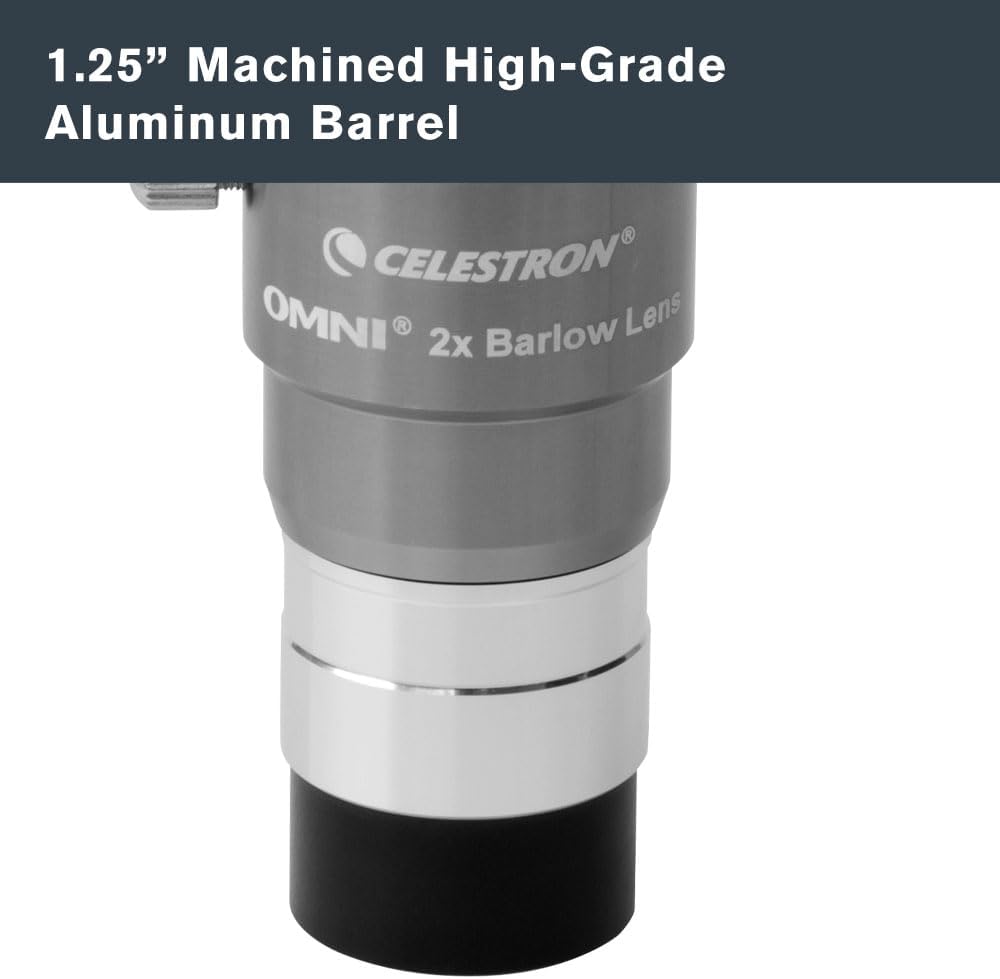 Omni 1.25" 2X Barlow Lens for Telescope Eyepieces Threaded Barrel | Doubles Eyepiece Magnification, Fully