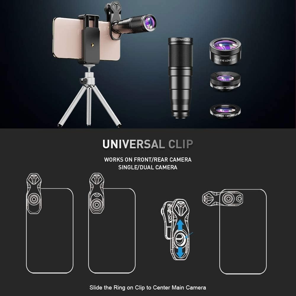 6 in 1 Phone Lens Kit - 22x Telephoto Lens, 205° Fisheye Lens, 120° Wide Angle Lens & 25X Macro Lens(Screwed