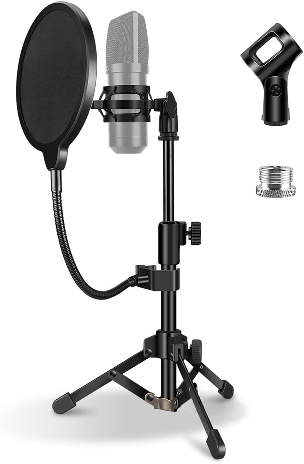 Mic Stand Desk, Table Mic Tripod Desktop Mic Stand Height Adjustable Small Microphone Stand for Desk with Pop Filter