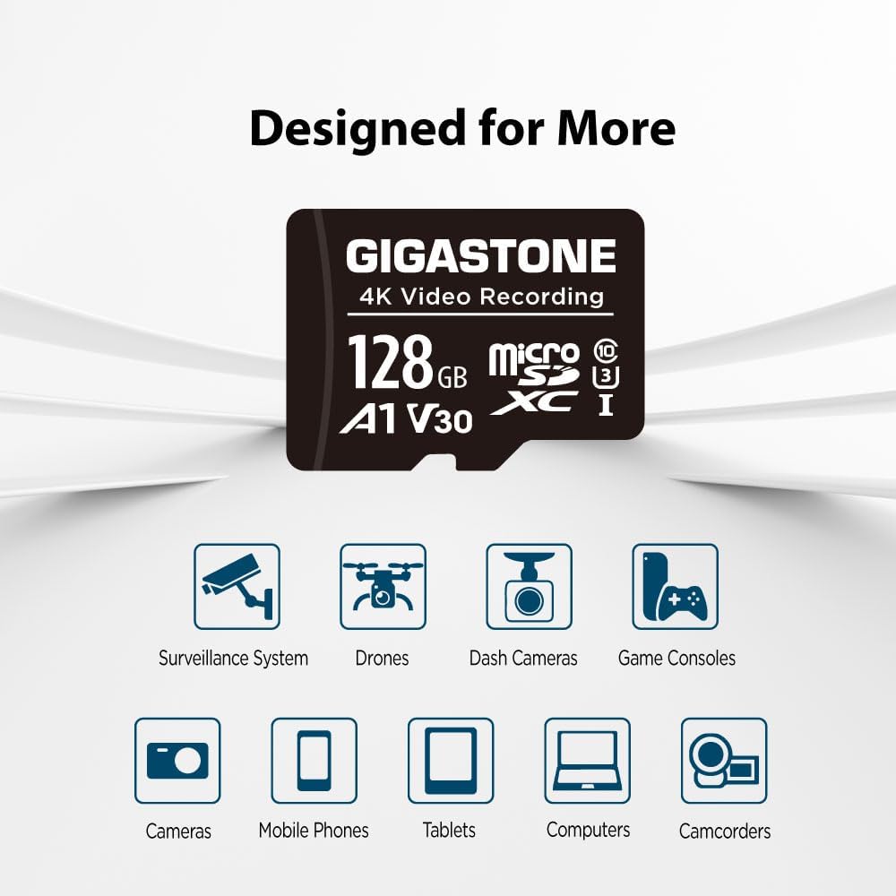 128GB Micro SD Card A1 V30 1-Pack, 4K Video Pro, Security Camera, Dash Cam, Drone, 100MB/s MicroSDXC Memory Card
