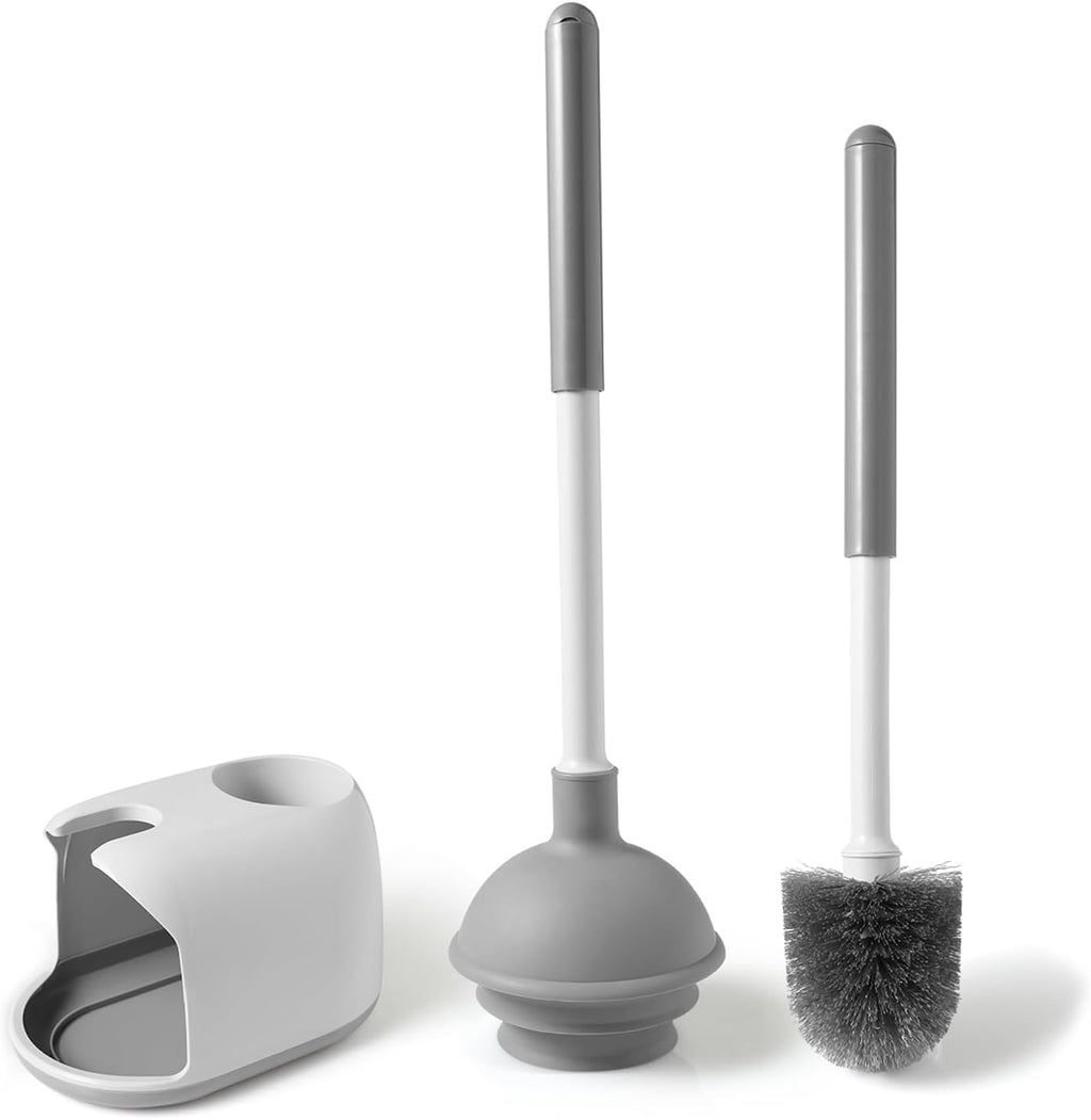 Toilet Plunger & Brush Set, 3-Step Suction Cup, Compact Caddy | Space-Saving Toilet Deep Cleaning Combo with Holder