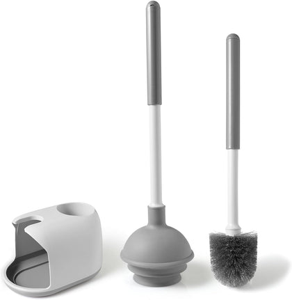 Toilet Plunger & Brush Set, 3-Step Suction Cup, Compact Caddy | Space-Saving Toilet Deep Cleaning Combo with Holder