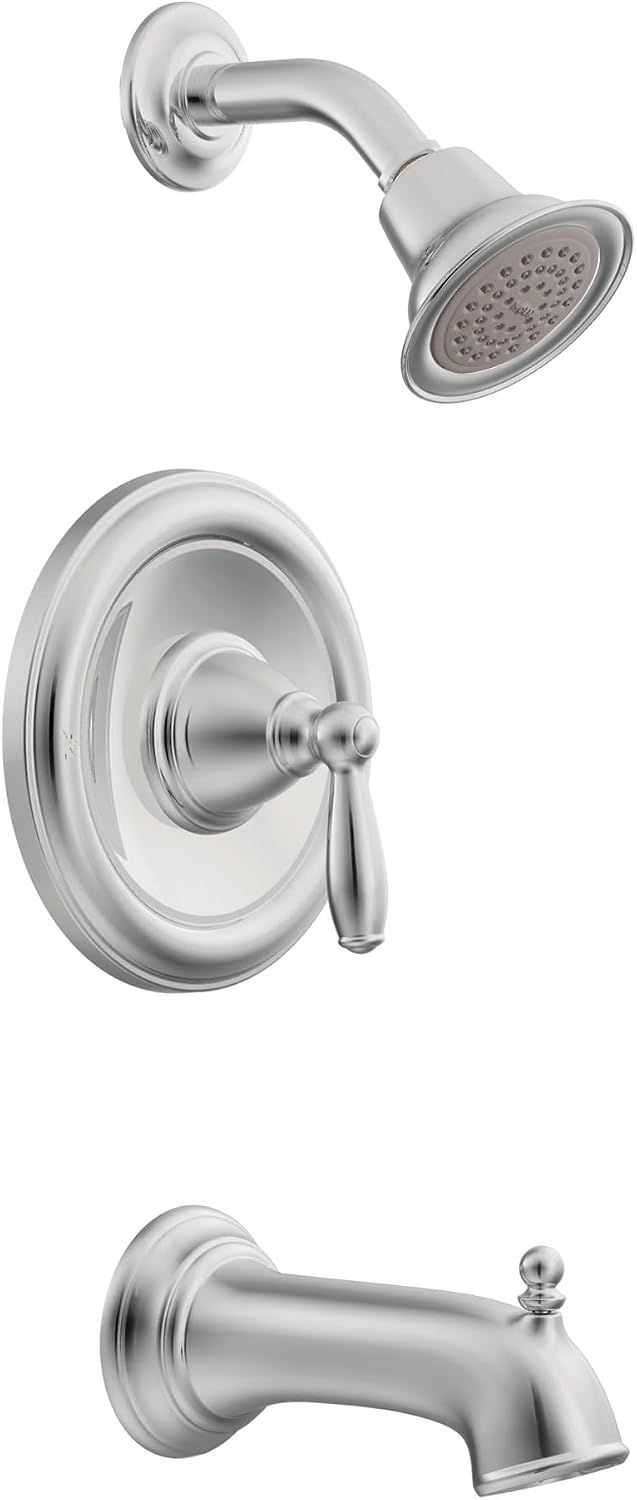 Moen Brantford Chrome Pressure Balancing Modern Bathtub and Shower Trim Kit with Shower Head, Shower Handle, and Tub Spout, Shower Faucet Set (Posi-Temp Valve Required), T62153EP