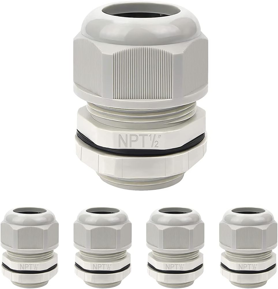 5 Pack NPT 1/2" Cable Glands Waterproof Adjustable 6-12mm Cable Connectors Grey Nylon Joints with Gaskets