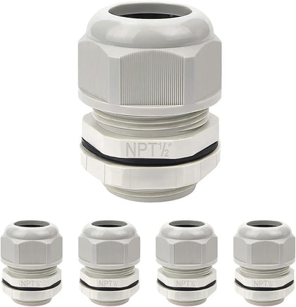 5 Pack NPT 1/2" Cable Glands Waterproof Adjustable 6-12mm Cable Connectors Grey Nylon Joints with Gaskets