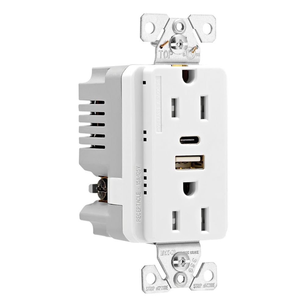 Eaton Combination USB Type A and C Charger, 15A 5-15R Receptacle, White, USB, Two-Pole, Three-Wire, Tamper Resistant
