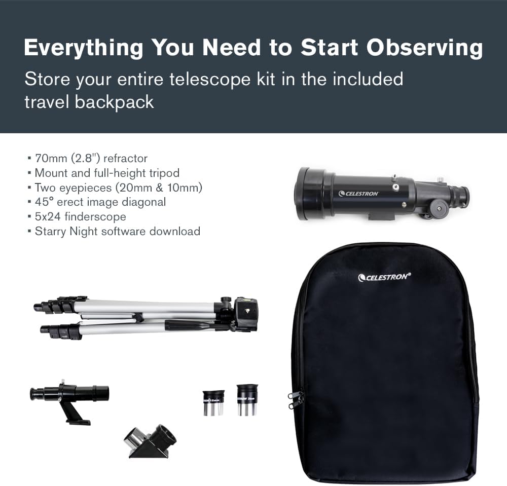 Travel Scope 70mm Beginner Portable Telescope with Backpack | 70mm Refractor Telescope Kit, Bright Lunar & Planetary
