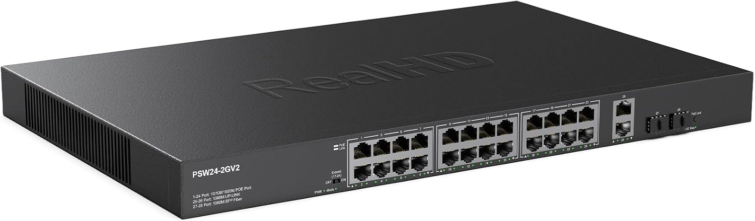 24 Port Full Gigabit PoE Switch with 2 Uplink Gigabit Port & 2 SFP Port, 24 Port PoE+ Network Switch, Total Budget