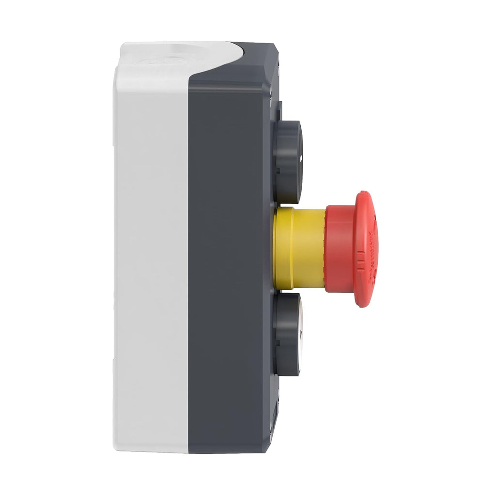 Schneider Electric, XALD328, Control station, plastic, dark grey lid, 2 flush push buttons 22, marked Up Arrow - Down Arrow, 1 red mushroom 30