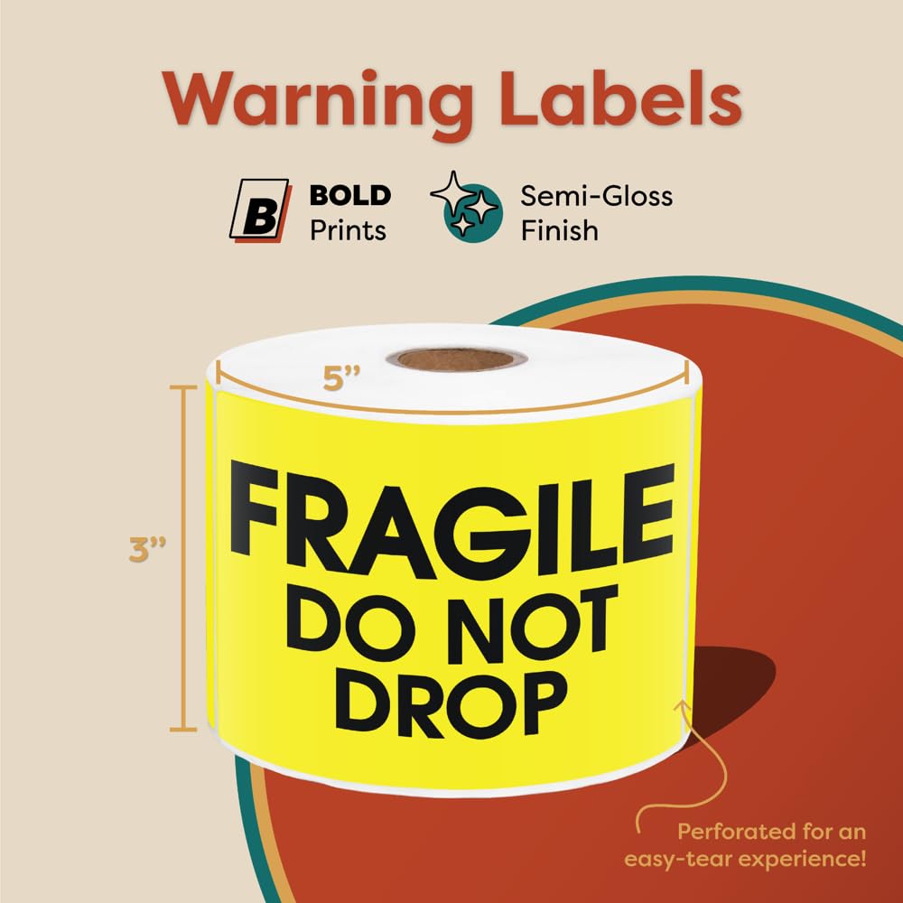 3" X 5" Fragile Do Not Drop Shipping Stickers (500 Labels, 1 Roll)