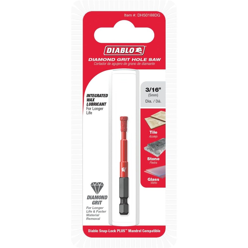 Diablo Diamond Grit Hole Saw - No Pilot Bit Needed - 3/16" Dia, 1/4" Hex