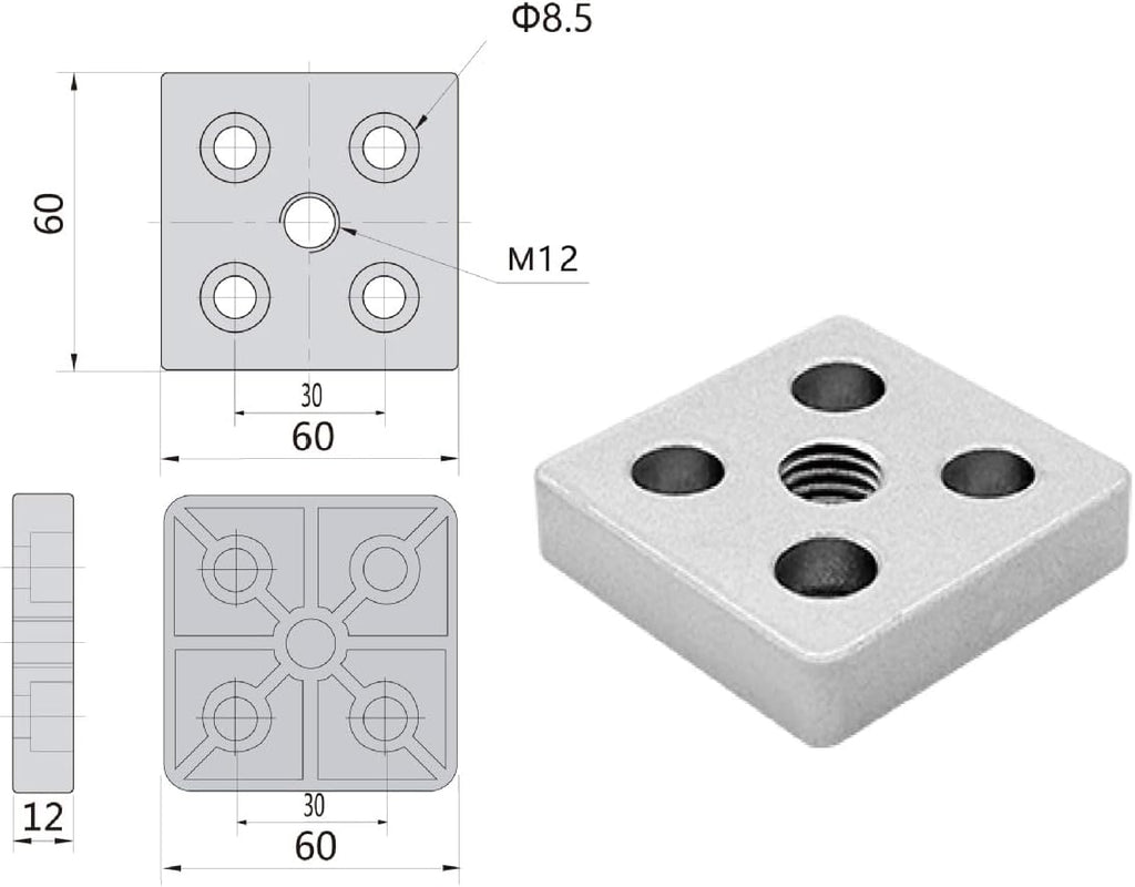 6060 Series Aluminium Profile Extrusion Bracket Flat Square Plate Joining Connector Corner Brackets (M12, 4 Pack)