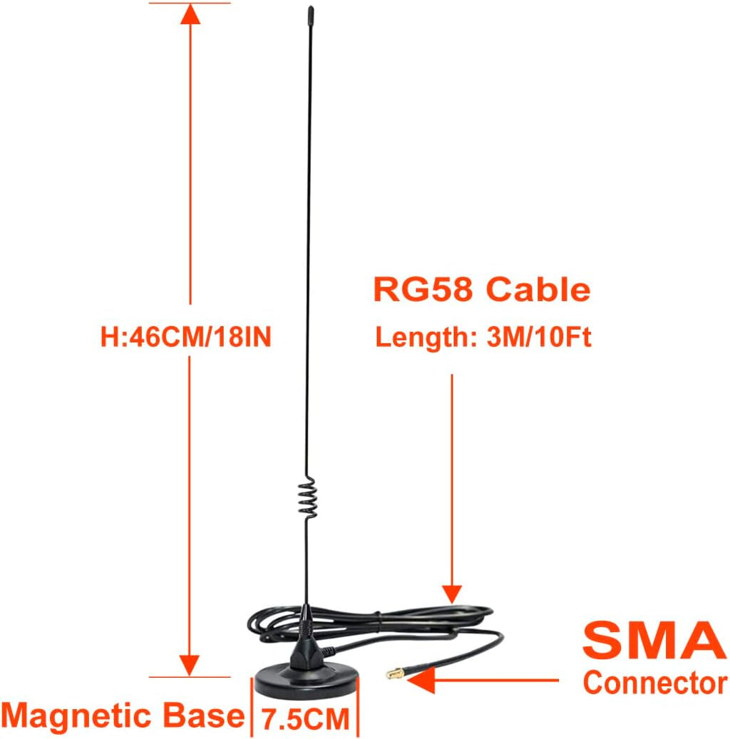 Dual-Band Magnetic Mobile Ham Radio Antenna 137-149 and 437-480 MHz RG58 Cable SMA Connector