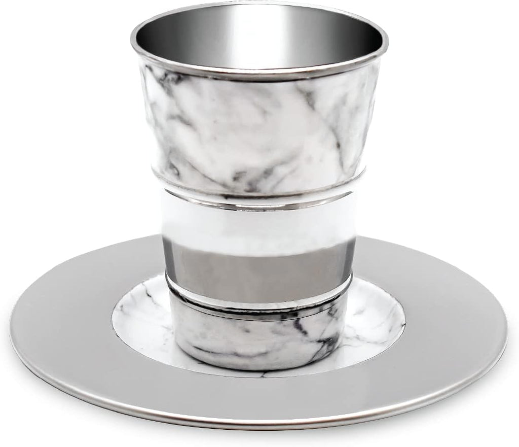 Kiddush Cup and Tray - Premium Quality White Marble and Nickel Plated Wine Cup - For Shabbat and Havdalah - Judaica