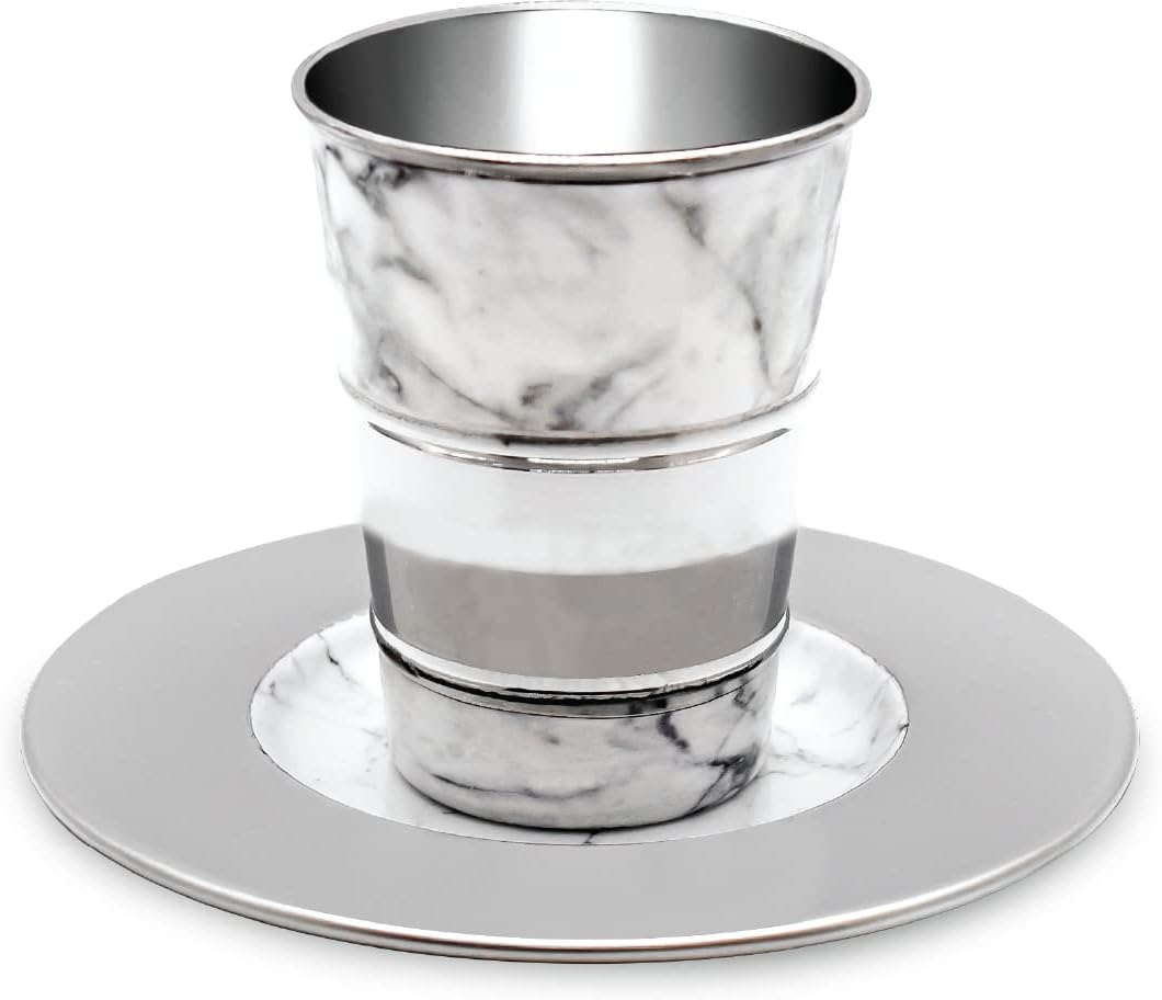 Kiddush Cup and Tray - Premium Quality White Marble and Nickel Plated Wine Cup - For Shabbat and Havdalah - Judaica