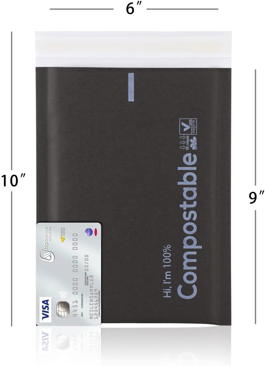 6x10 100% Biodegradable Bubble Mailers,25 Count Kraft Black #000 Compostable Padded Packaging Wrap Envelopes Pouches
