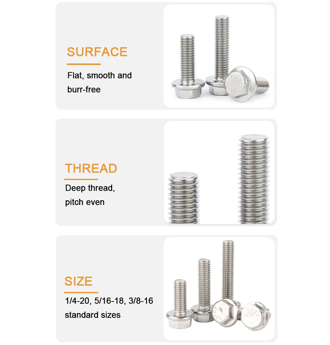 10pcs 1/4"-20 x 2 Serrated Flanged Hex Bolts Flange Hexagon Screws, Stainless Steel 18-8 (304), Plain Finish