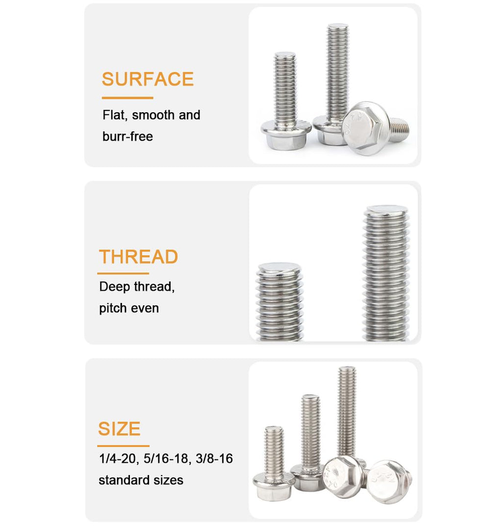 20pcs 1/4"-20 x 1/2" Serrated Flanged Hex Bolts Flange Hexagon Screws, Stainless Steel 18-8 (304), Plain Finish