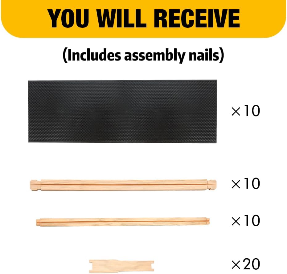 Medium Beehive Frames and Foudations Kit,10 Pack Super Bee Frames with Beeswax Coated Plastic Foundations for