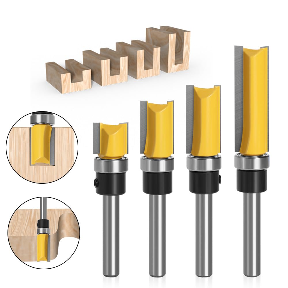 Pattern Flush Trim Bit 4 Pcs Router Bits，Top Bearing Flush Trim Bits Set，1/4 Inch Shank ,Cutting Length 1/2", 3/4"