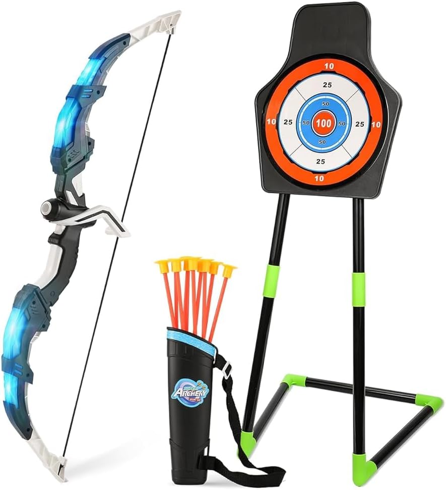 Kids Bow and Arrow Set, Light Up Archery Set with 10 Suction Cup Arrows, Indoor Outdoor Toys with Standing Target &