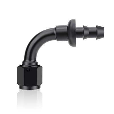 STPCTOU 4AN 90 Degree Push Lock Hose Fitting Barb End Adapter for Rubber Fuel Line Oil Fuel Cooler Kits Reusable Hose Adaptor Anodized Aluminum Alloy Black(90 Degree Fitting, AN4)