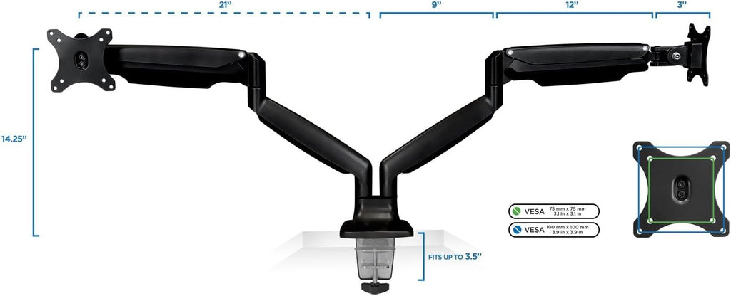 Dual Monitor Arm Mount | Desk Stand | Two Articulating Gas Spring Height Adjustable Arms | Fits 2 x 24 27 29 30 32