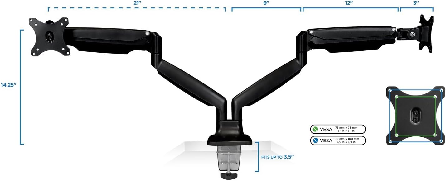 Dual Monitor Arm Mount | Desk Stand | Two Articulating Gas Spring Height Adjustable Arms | Fits 2 x 24 27 29 30 32