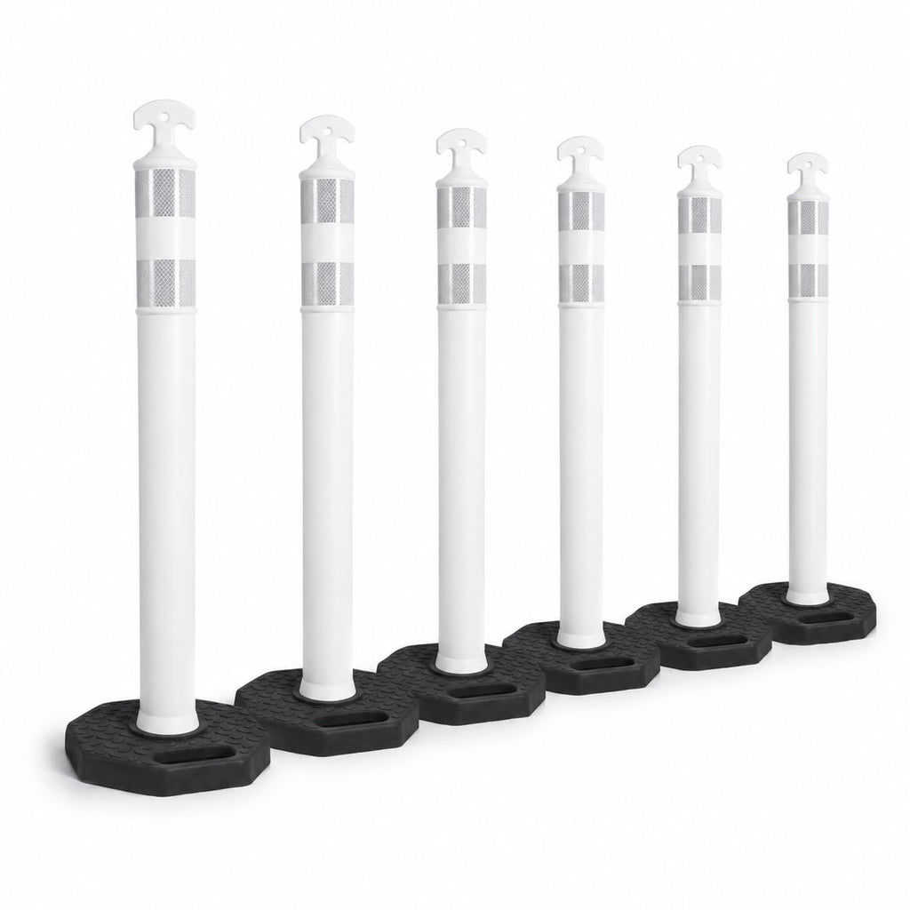 6 Pack 42 Inch White Traffic Cones Delineator Posts with Rubber Base