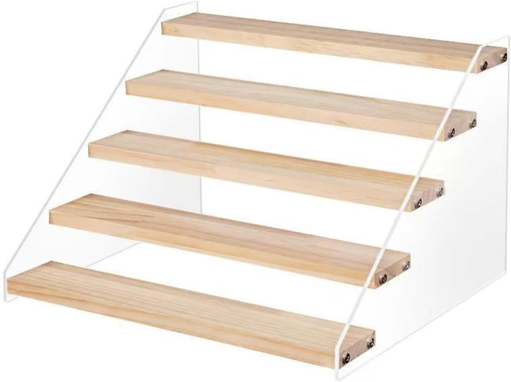 5 Tier Acrylic Wooden Display Stand, Clear Acrylic Display Riser Shelf Wood Tiered Display Shelf Rack Step Ladder