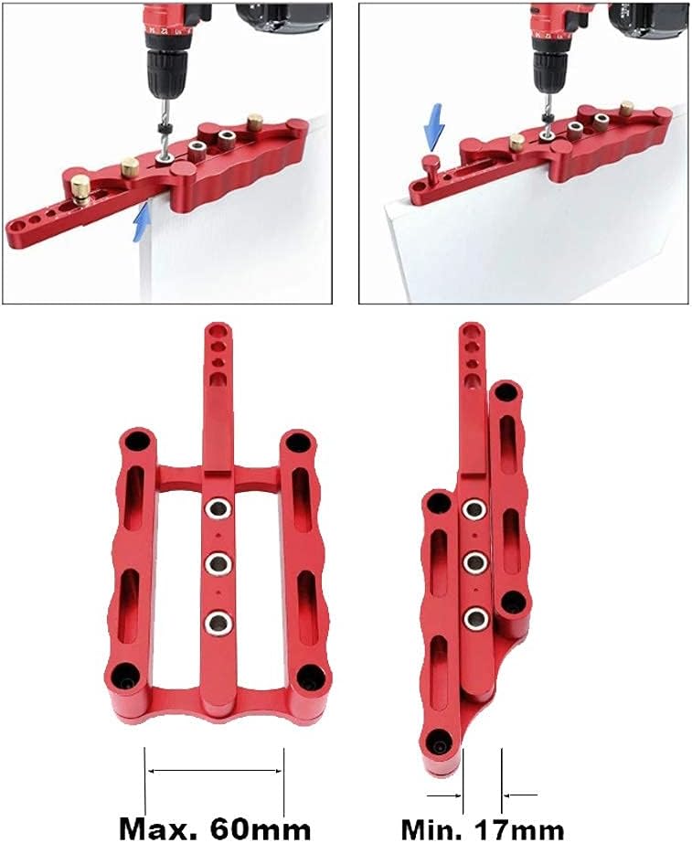 Self Centering Doweling Jig Woodworking Joinery Hole Drill Guide with 1/4 5/16 3/8 Inch Positioner Locator Tool Red