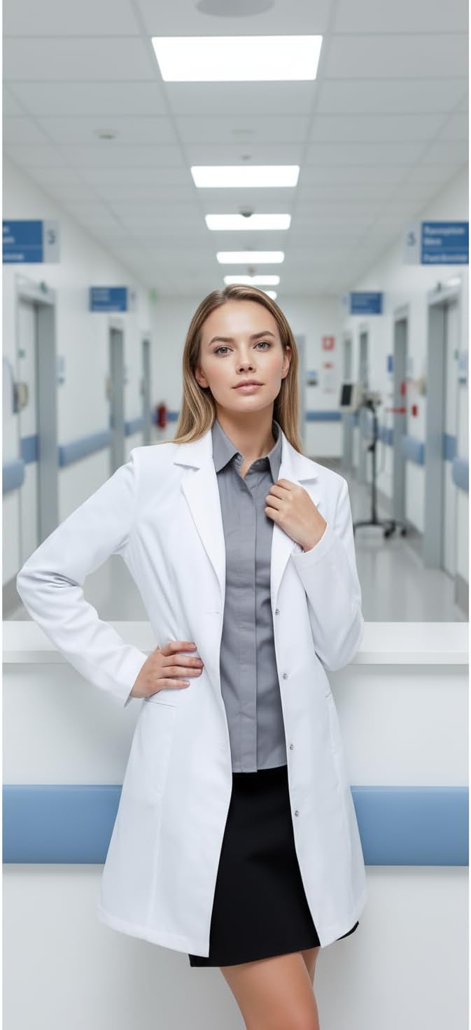 Lab Coat for Women 33 Inch, Tailored Medical Coat, 2 Hip Pockets, Doctor Nurse Coat for Clinics