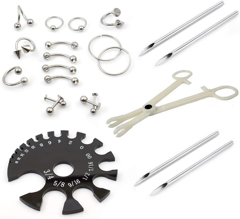 Piercing Kit 22 Pieces Include Jewelry Forcep Needles and Gauge Measurement Tool