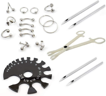Piercing Kit 22 Pieces Include Jewelry Forcep Needles and Gauge Measurement Tool