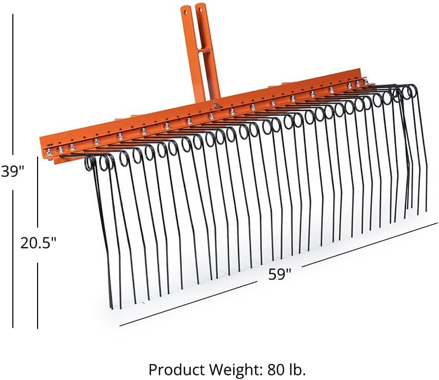 3 Point Pine Straw Needle Rake, 5 FT Landscape Rake for Cat 1 Tractors, Heat-Treated Coil Steel Spring Tines