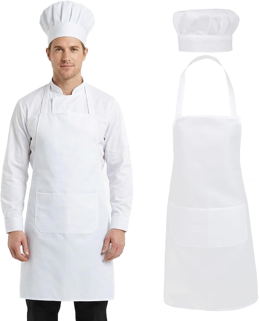Hecila Chef Hat and Apron Set Adjustable Kitchen Cooking Bib Aprons with 2 Pockets Chef Hat with Butcher Cap Costume