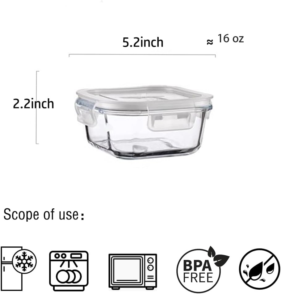 2 Cup Square Glass Food Storage Containers, Small Square Storage Containers With Airtight Lids Leak-proof, BPA free