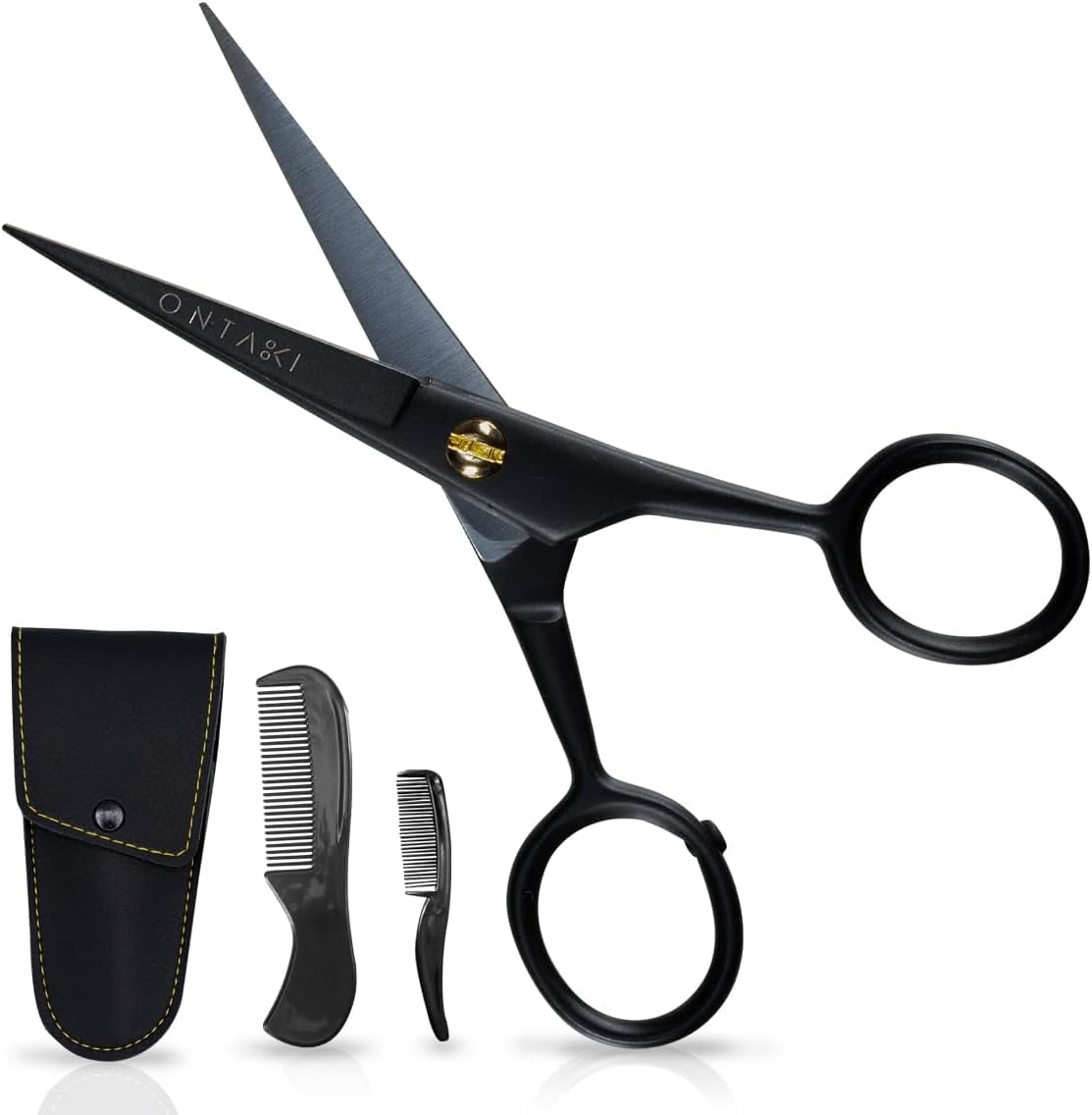Mustache Scissors - 5-Inch, Black - Bevel-Edge Precision & Beard Trimming Scissors - Complete Kit with Mustache Comb