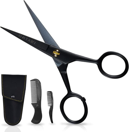 Mustache Scissors - 5-Inch, Black - Bevel-Edge Precision & Beard Trimming Scissors - Complete Kit with Mustache Comb