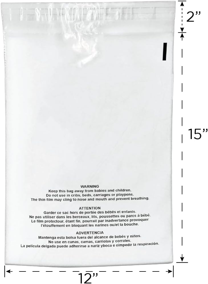 200 Count 12x15.5 Clear Poly Bags with Suffocation Warning, 1.5 Mil