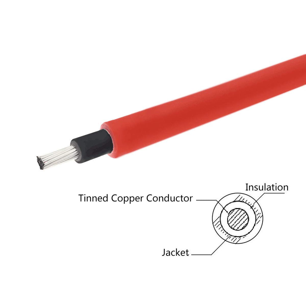 10AWG(6mm²) 1FT Solar Extension Cable, PV Connector to Bare Wire | 1 Pair Tinned Copper PV Cables for Solar Panels to