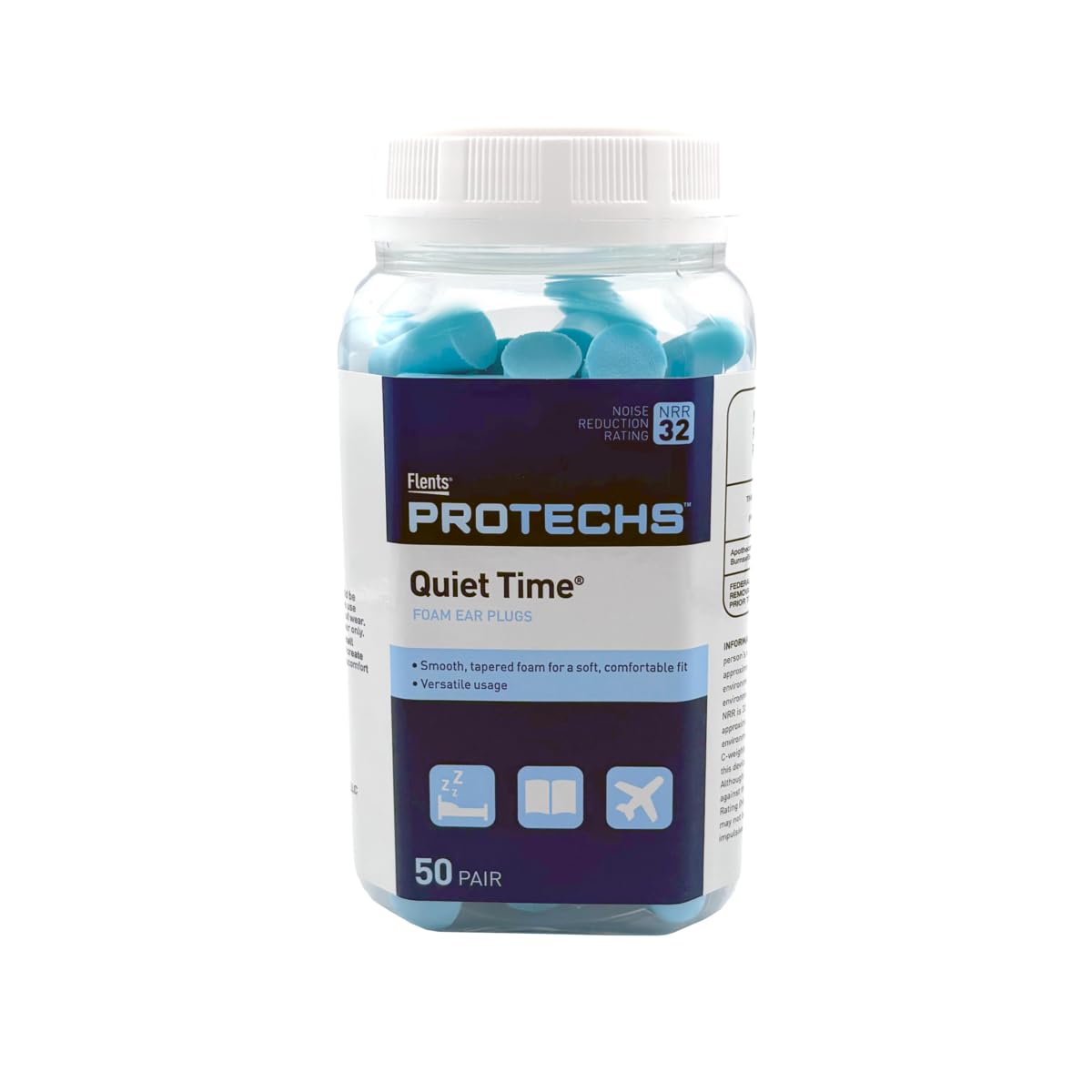 Protechs Quiet Time Foam Ear Plugs, NRR 32, 50 Pair, Blue