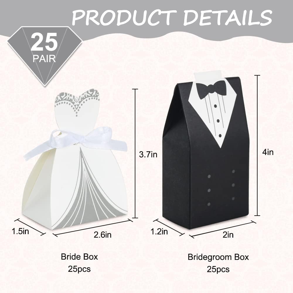 Wedding Favor Boxes - Small Bride and Groom Candy Boxes for Bridal Shower Decorations - 50pcs